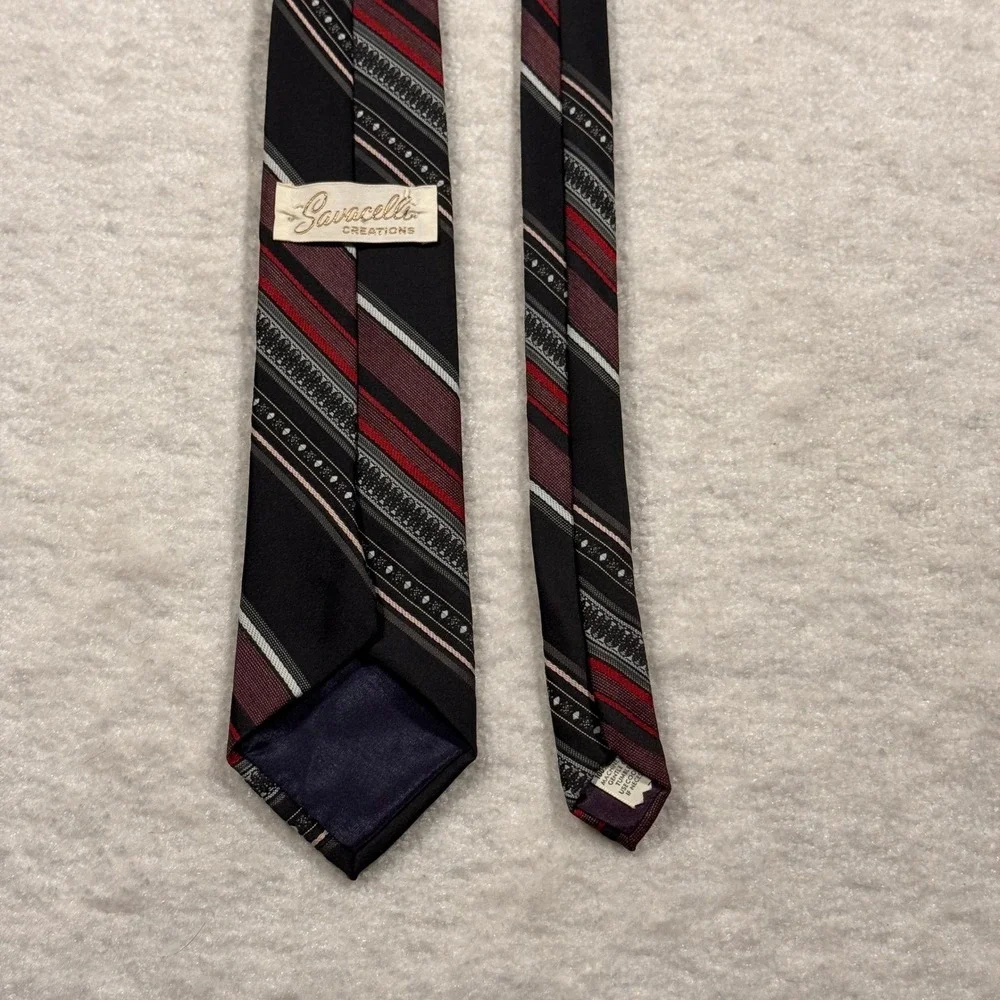 Savazello Creations Men's Necktie‎ Black Red Stripe Geometric Pattern Polyester